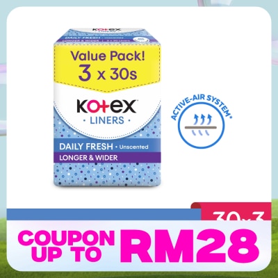 KOTEX Longer & Wider Unscented Pantyliner 17.5cm (30s x 3 Packs) - Breathable, Comfortable & Absorbent