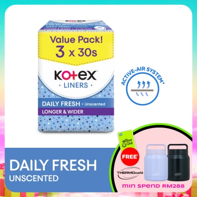 KOTEX - Longer & Wider Unscented Pantyliner 17.5cm (30s x 3 Packs) - Breathable, Comfortable & Absorbent