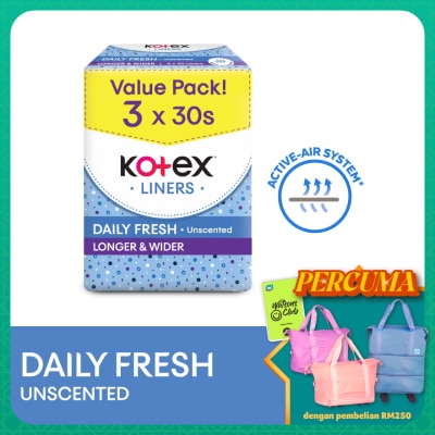KOTEX Longer & Wider Unscented Pantyliner 17.5cm (30s x 3 Packs) - Breathable, Comfortable & Absorbent