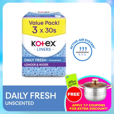 KOTEX - Longer & Wider Unscented Pantyliner 17.5cm (30s x 3 Packs) - Breathable, Comfortable & Absorbent