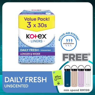 KOTEX Longer & Wider Unscented Pantyliner 17.5cm (30s x 3 Packs) - Breathable, Comfortable & Absorbent