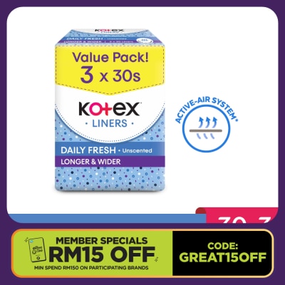 KOTEX Longer & Wider Unscented Pantyliner 17.5cm (30s x 3 Packs) - Breathable, Comfortable & Absorbent