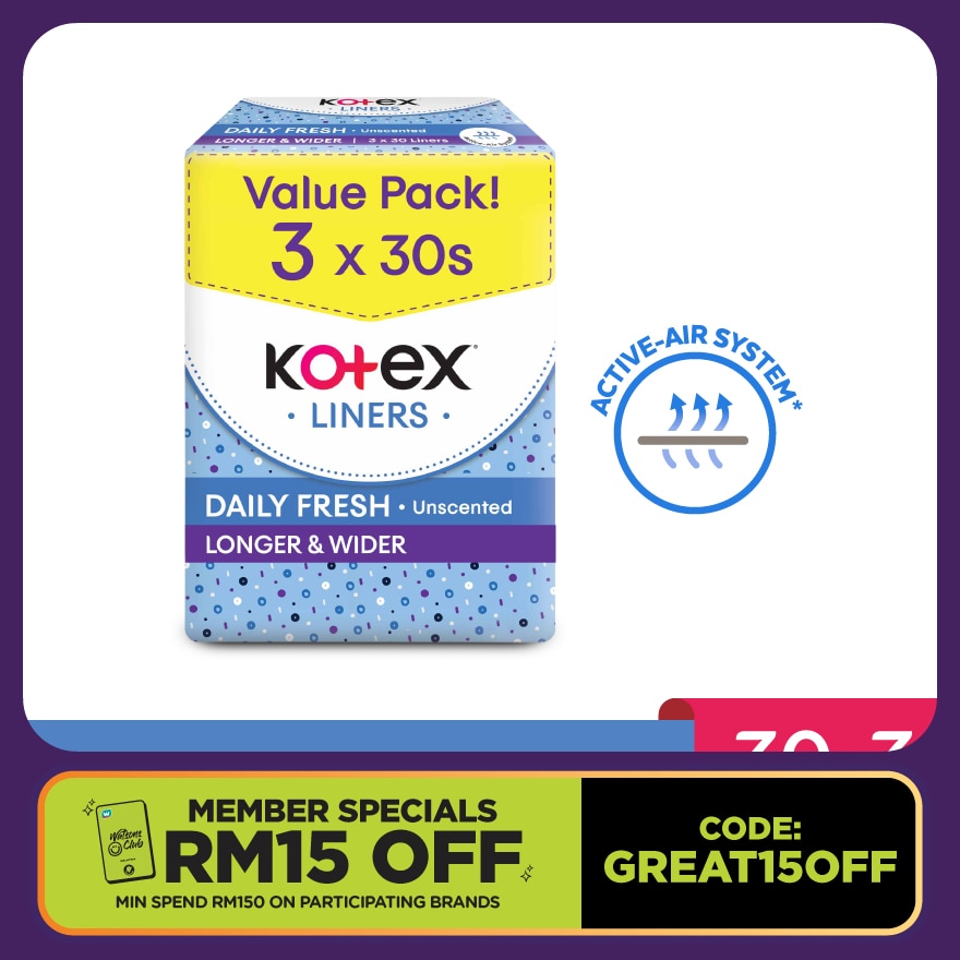 Longer & Wider Unscented Pantyliner 17.5cm (30s x 3 Packs) - Breathable, Comfortable & Absorbent