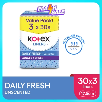 KOTEX - Longer & Wider Unscented Pantyliner 17.5cm (30s x 3 Packs) - Breathable, Comfortable & Absorbent image