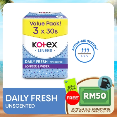 KOTEX - Longer & Wider Unscented Pantyliner 17.5cm (30s x 3 Packs) - Breathable, Comfortable & Absorbent