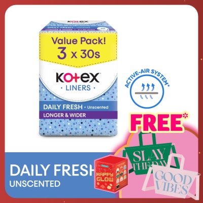 KOTEX Longer & Wider Unscented Pantyliner 17.5cm (30s x 3 Packs) - Breathable, Comfortable & Absorbent