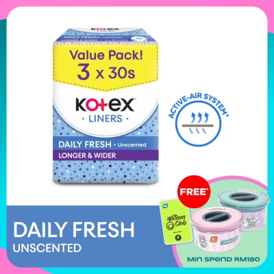 KOTEX Longer & Wider Unscented Pantyliner 17.5cm (30s x 3 Packs) - Breathable, Comfortable & Absorbent