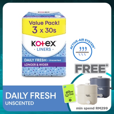 KOTEX Longer & Wider Unscented Pantyliner 17.5cm (30s x 3 Packs) - Breathable, Comfortable & Absorbent