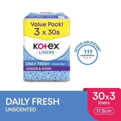 KOTEX Longer & Wider Unscented Pantyliner 17.5cm (30s x 3 Packs) - Breathable, Comfortable & Absorbent