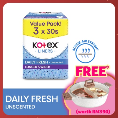 KOTEX Longer & Wider Unscented Pantyliner 17.5cm (30s x 3 Packs) - Breathable, Comfortable & Absorbent