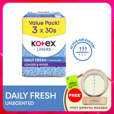 KOTEX - Longer & Wider Unscented Pantyliner 17.5cm (30s x 3 Packs) - Breathable, Comfortable & Absorbent