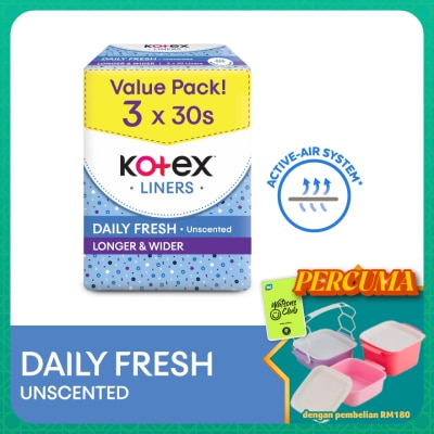 KOTEX - Longer & Wider Unscented Pantyliner 17.5cm (30s x 3 Packs) - Breathable, Comfortable & Absorbent