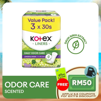 KOTEX - Longer & Wider Scented Pantyliner 17.5cm (30s x 3 Packs) - Odor Care with Daun Sirih Extract Liners