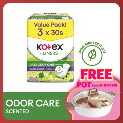 KOTEX Longer & Wider Scented Pantyliner 17.5cm (30s x 3 Packs) - Odor Care with Daun Sirih Extract Liners