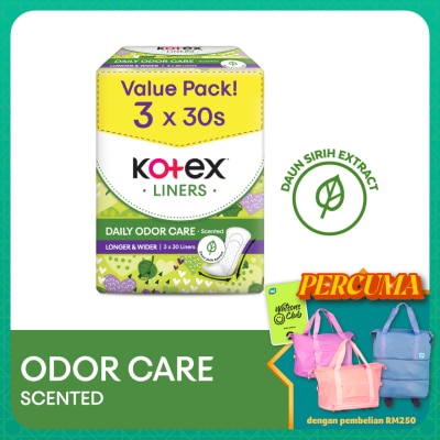 KOTEX Longer & Wider Scented Pantyliner 17.5cm (30s x 3 Packs) - Odor Care with Daun Sirih Extract Liners