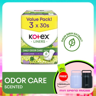 KOTEX - Longer & Wider Scented Pantyliner 17.5cm (30s x 3 Packs) - Odor Care with Daun Sirih Extract Liners
