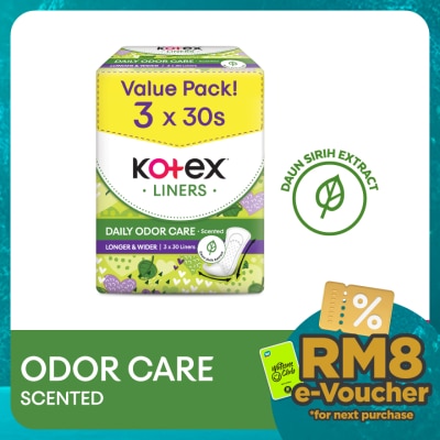 KOTEX Longer & Wider Scented Pantyliner 17.5cm (30s x 3 Packs) - Odor Care with Daun Sirih Extract Liners