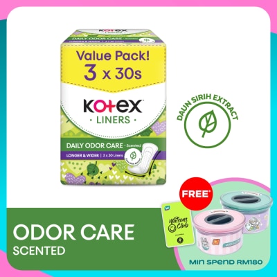 KOTEX Longer & Wider Scented Pantyliner 17.5cm (30s x 3 Packs) - Odor Care with Daun Sirih Extract Liners