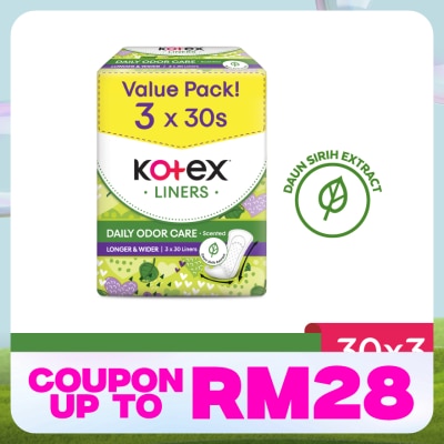 KOTEX Longer & Wider Scented Pantyliner 17.5cm (30s x 3 Packs) - Odor Care with Daun Sirih Extract Liners
