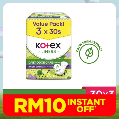 KOTEX Longer & Wider Scented Pantyliner 17.5cm (30s x 3 Packs) - Odor Care with Daun Sirih Extract Liners