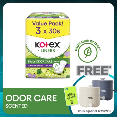 KOTEX Longer & Wider Scented Pantyliner 17.5cm (30s x 3 Packs) - Odor Care with Daun Sirih Extract Liners
