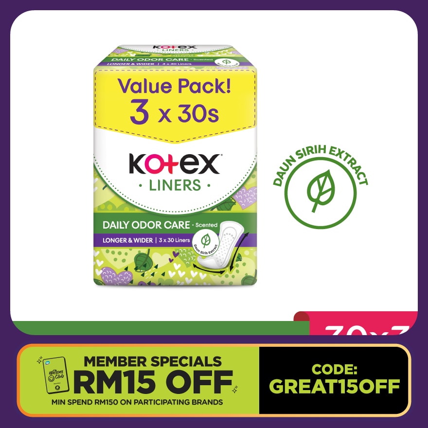 Longer & Wider Scented Pantyliner 17.5cm (30s x 3 Packs) - Odor Care with Daun Sirih Extract Liners