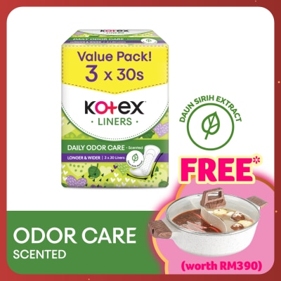 KOTEX Longer & Wider Scented Pantyliner 17.5cm (30s x 3 Packs) - Odor Care with Daun Sirih Extract Liners