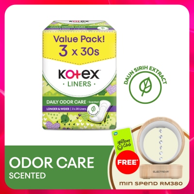 KOTEX - Longer & Wider Scented Pantyliner 17.5cm (30s x 3 Packs) - Odor Care with Daun Sirih Extract Liners