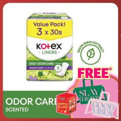 KOTEX Longer & Wider Scented Pantyliner 17.5cm (30s x 3 Packs) - Odor Care with Daun Sirih Extract Liners