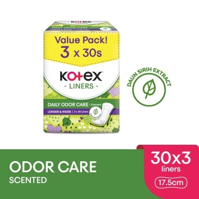 KOTEX Longer & Wider Scented Pantyliner 17.5cm (30s x 3 Packs) - Odor Care with Daun Sirih Extract Liners