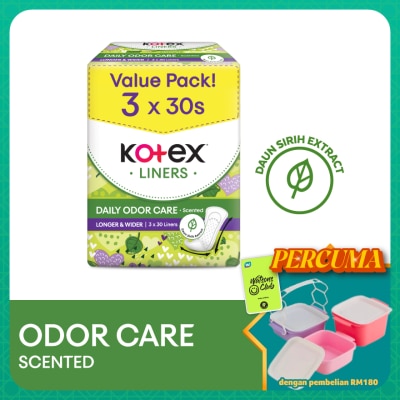 KOTEX - Longer & Wider Scented Pantyliner 17.5cm (30s x 3 Packs) - Odor Care with Daun Sirih Extract Liners