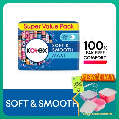 KOTEX - Soft & Smooth Maxi Day Wing Pad 24cm (16s x 3 Packs) - Sanitary Pad with 100% Leak Free Comfort
