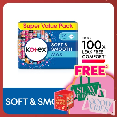 KOTEX Soft & Smooth Maxi Day Wing Pad 24cm (16s x 3 Packs) - Sanitary Pad with 100% Leak Free Comfort