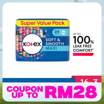 KOTEX Soft & Smooth Maxi Day Wing Pad 24cm (16s x 3 Packs) - Sanitary Pad with 100% Leak Free Comfort
