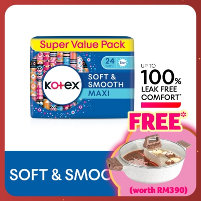 KOTEX Soft & Smooth Maxi Day Wing Pad 24cm (16s x 3 Packs) - Sanitary Pad with 100% Leak Free Comfort