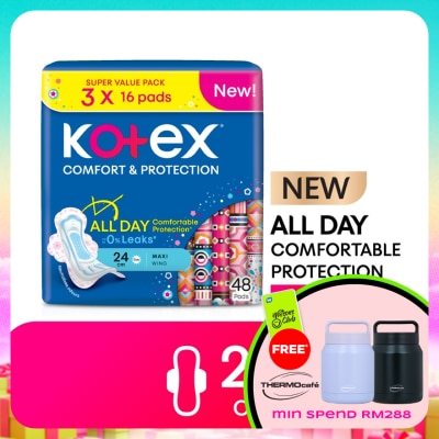 KOTEX - Comfort & Protection Maxi Day Wing Pad 24cm (16sx3) - Sanitary Pad with 100% Leak Free Comfort