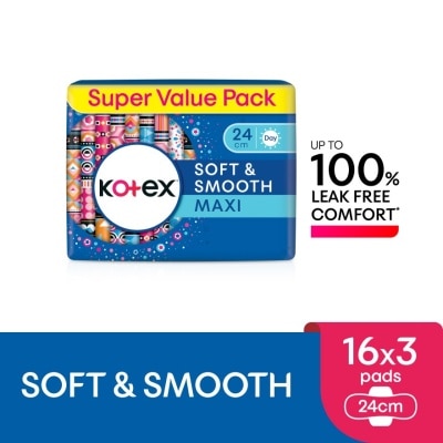 KOTEX Soft & Smooth Maxi Day Wing Pad 24cm (16s x 3 Packs) - Sanitary Pad with 100% Leak Free Comfort