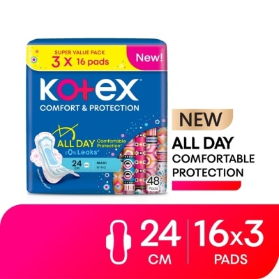 KOTEX - Comfort & Protection Maxi Day Wing Pad 24cm (16sx3) - Sanitary Pad with 100% Leak Free Comfort