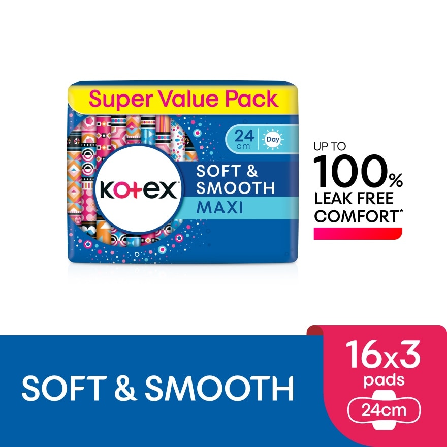 Soft & Smooth Maxi Day Wing Pad 24cm (16s x 3 Packs) - Sanitary Pad with 100% Leak Free Comfort