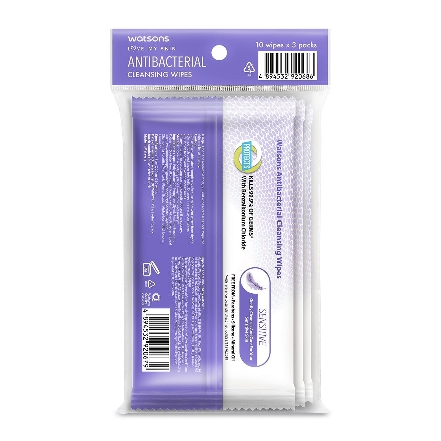 Anti Bacterial Cleansing Wipes Sensitive 3x10's