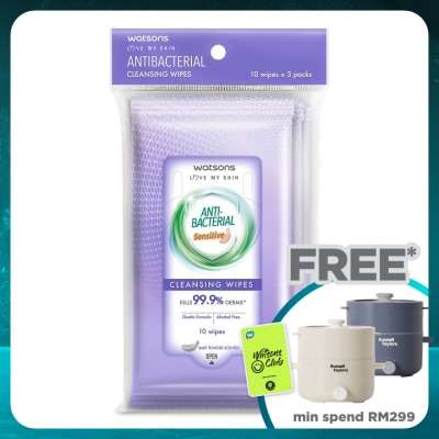 WATSONS Anti Bacterial Cleansing Wipes Sensitive 3x10's