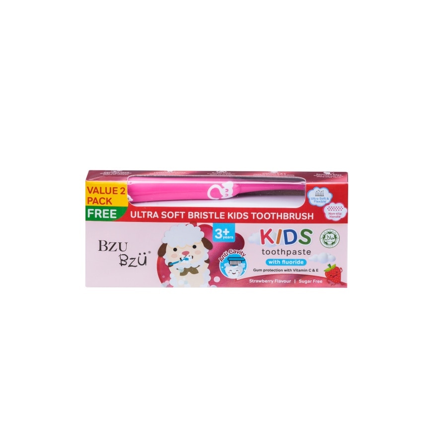 Strawberry Toothpaste Free Pink Toothbrush 2x50g