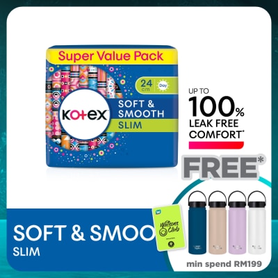 KOTEX Soft & Smooth Slim Wing Pad 24cm (20s x 2 Packs) - Sanitary Pad with 100% Leak Free Comfort