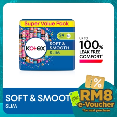 KOTEX Soft & Smooth Slim Wing Pad 24cm (20s x 2 Packs) - Sanitary Pad with 100% Leak Free Comfort
