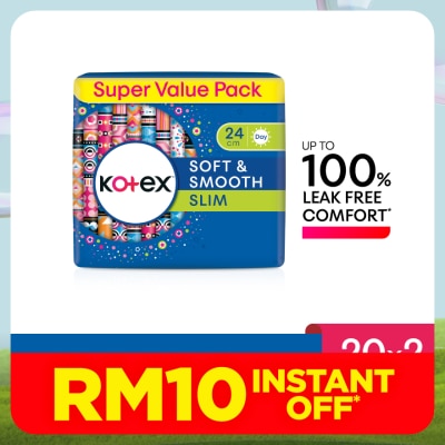 KOTEX Soft & Smooth Slim Wing Pad 24cm (20s x 2 Packs) - Sanitary Pad with 100% Leak Free Comfort