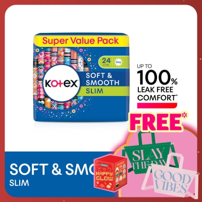 KOTEX Soft & Smooth Slim Wing Pad 24cm (20s x 2 Packs) - Sanitary Pad with 100% Leak Free Comfort