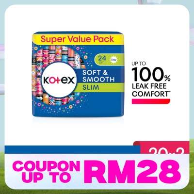 KOTEX Soft & Smooth Slim Wing Pad 24cm (20s x 2 Packs) - Sanitary Pad with 100% Leak Free Comfort