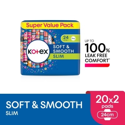 KOTEX Soft & Smooth Slim Wing Pad 24cm (20s x 2 Packs) - Sanitary Pad with 100% Leak Free Comfort