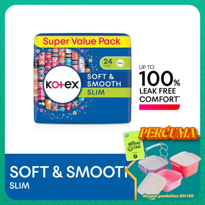 KOTEX - Soft & Smooth Slim Wing Pad 24cm (20s x 2 Packs) - Sanitary Pad with 100% Leak Free Comfort