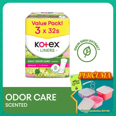 KOTEX - Regular Scented Pantyliner 15cm (32s x 3 Packs) - Odor Care with Daun Sirih Extract Liners